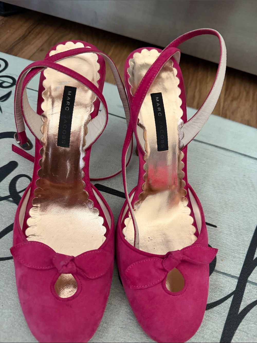 Marc Jacobs Bright Pink Suede Peep-Toe Slingback Heels - Picture 6 of 6